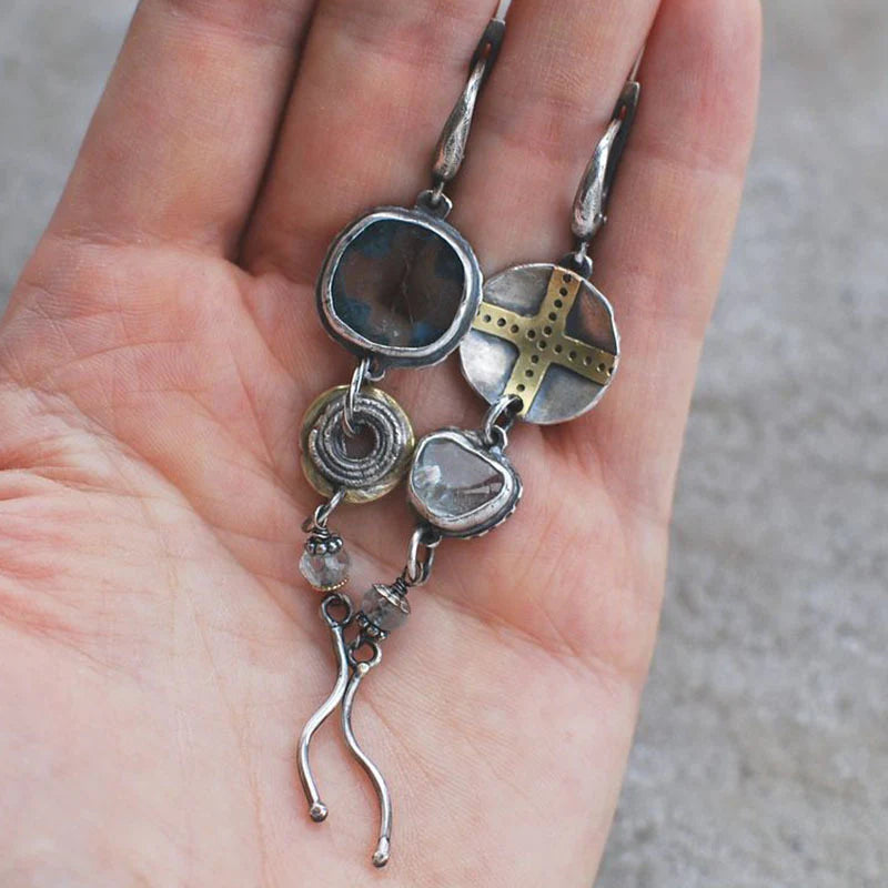 1+1 Offer: Antique" earrings with blue stones and a cross