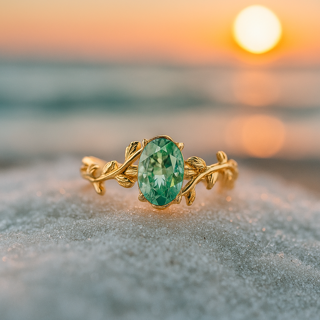 Emerald Wind – Golden ring with green agate and leaf motif