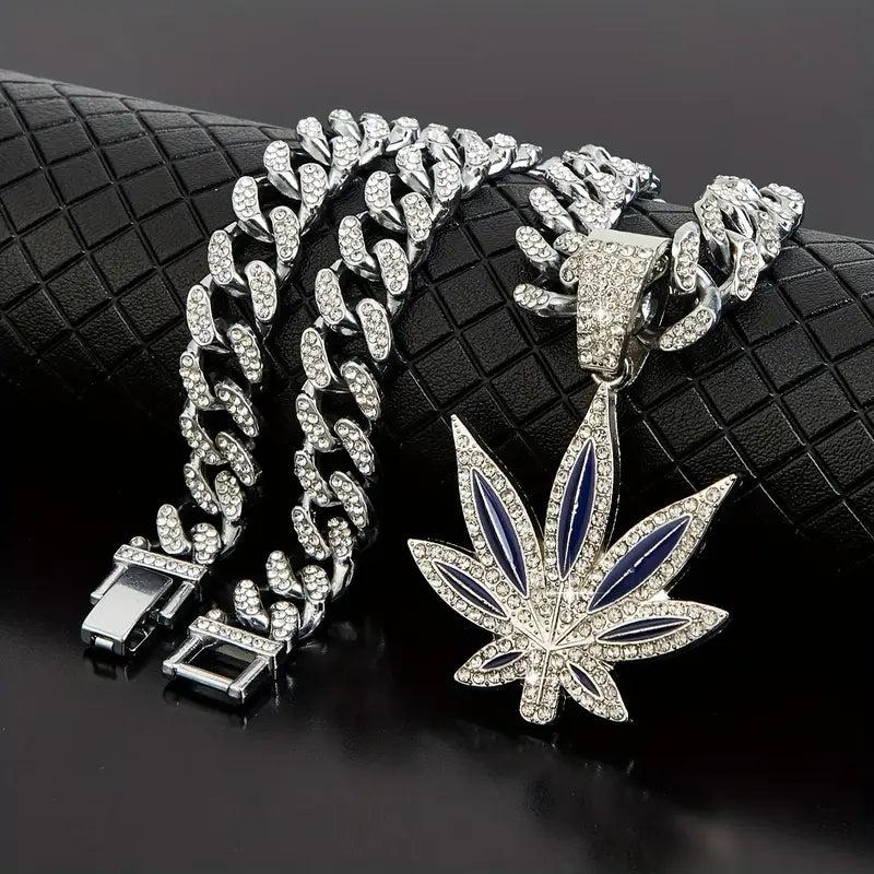 Green Leaf Retro Cuban Necklace – Hip-Hop Style for Men
