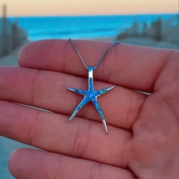 1+1 Offer: Blue Opal and Silver Starfish Necklace