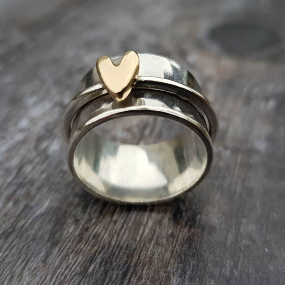 1+1 Offer: Vintage Golden Heart Silver Ring