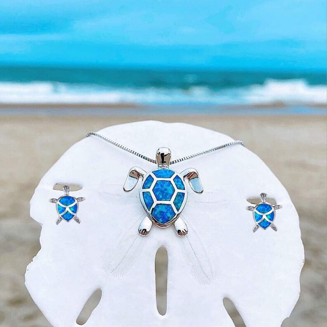 1+1 Offer: Sea Turtle Necklace + Earrings Set in Opal and Silver