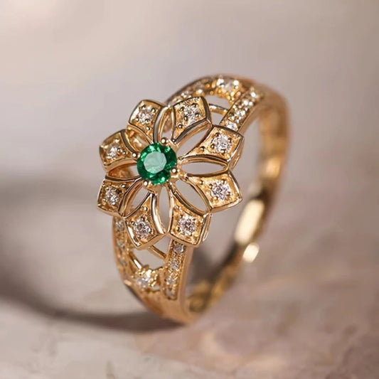 1+1 Offer: Hollow Gold Ring with Flower and Green Stone