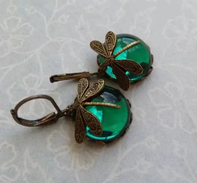 1+1 Offer: Spherical dragonfly earrings in antique gold