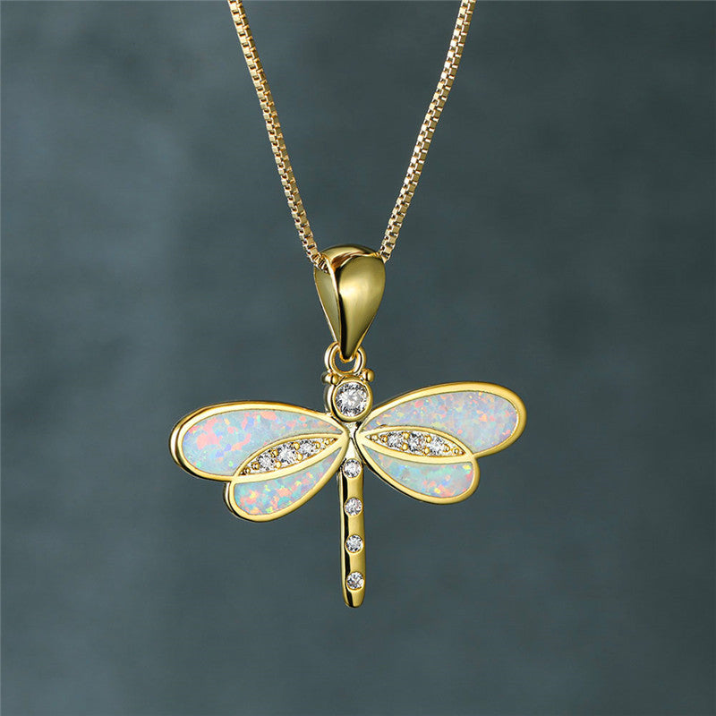 1+1 Offer: Dragonfly Necklace in Gold with Opal