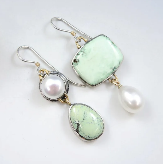 Asymmetric Pearl & Green Enamel Earrings