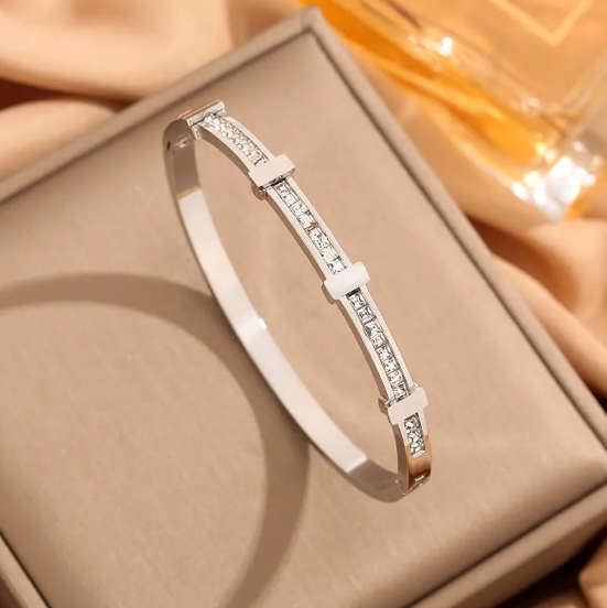 Simple Zircon Double Layer Geometric Open Bracelet