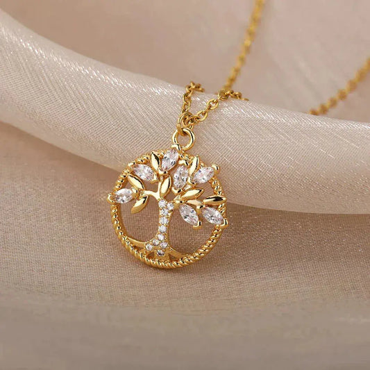 1+1 Offer: Tree of Life Necklace with Zirconia in Gold