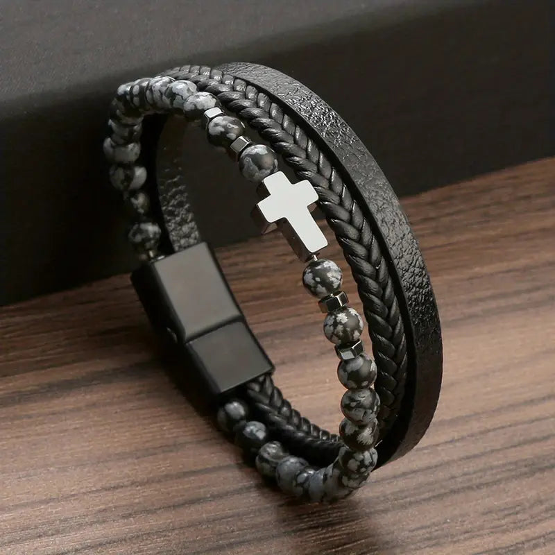 Men's Luxurious Obsidian Cross Stainless Steel Bracelet