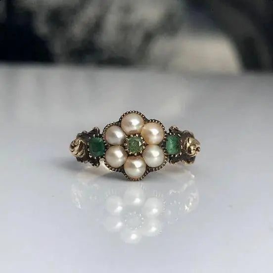 1+1 Offer: Vintage Green Beaded Flower Ring