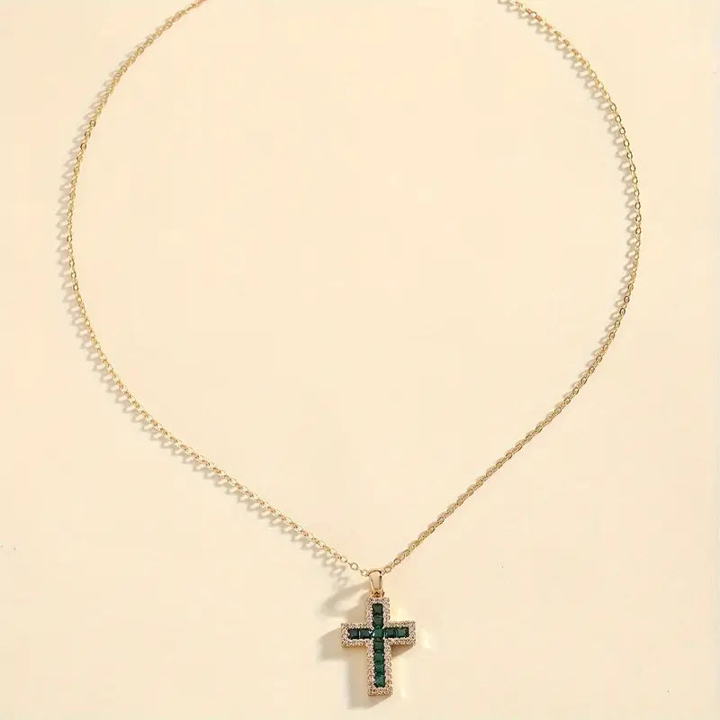 Solene Emerald Cross Pendant Gold Necklace