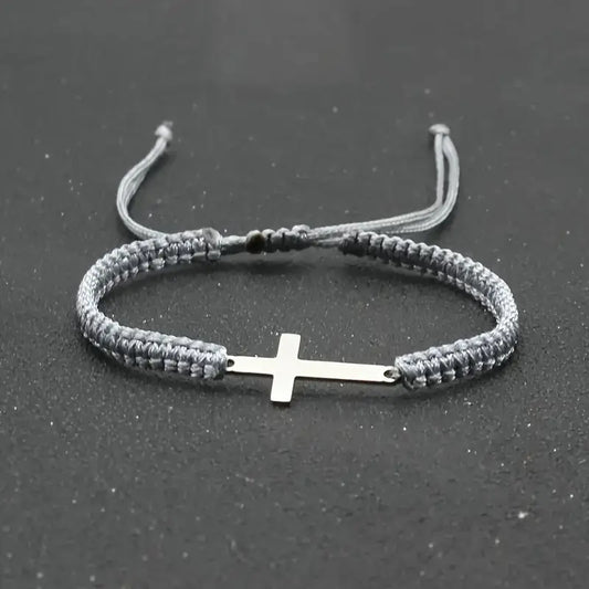 Handwoven Cross Bracelet With Silver Threads Charms