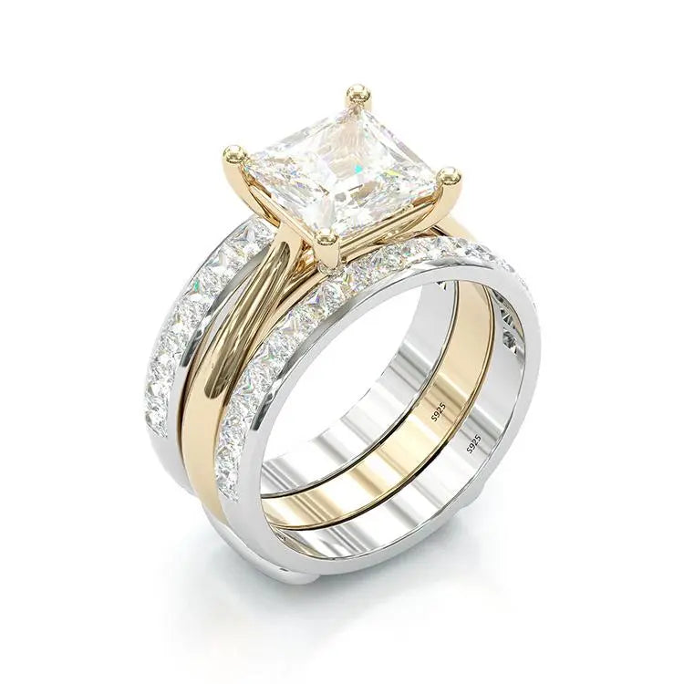1+1 Offer: Timeless Princess Cut Bridal Ring Set – Gold & Silver