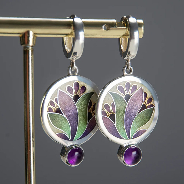 1+1 Offer: Boho earrings with purple crystals made of silver