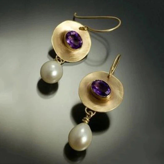 Purple Gold Earrings with Vintage Pearls