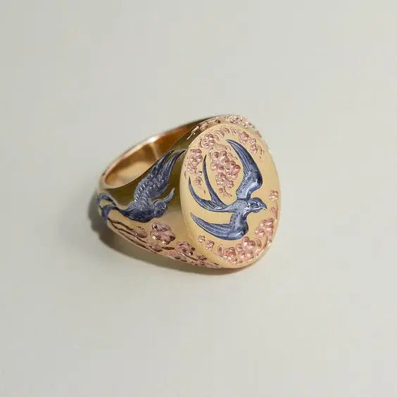 1+1 Offer: Vintage Blue Gold Hummingbird Ring