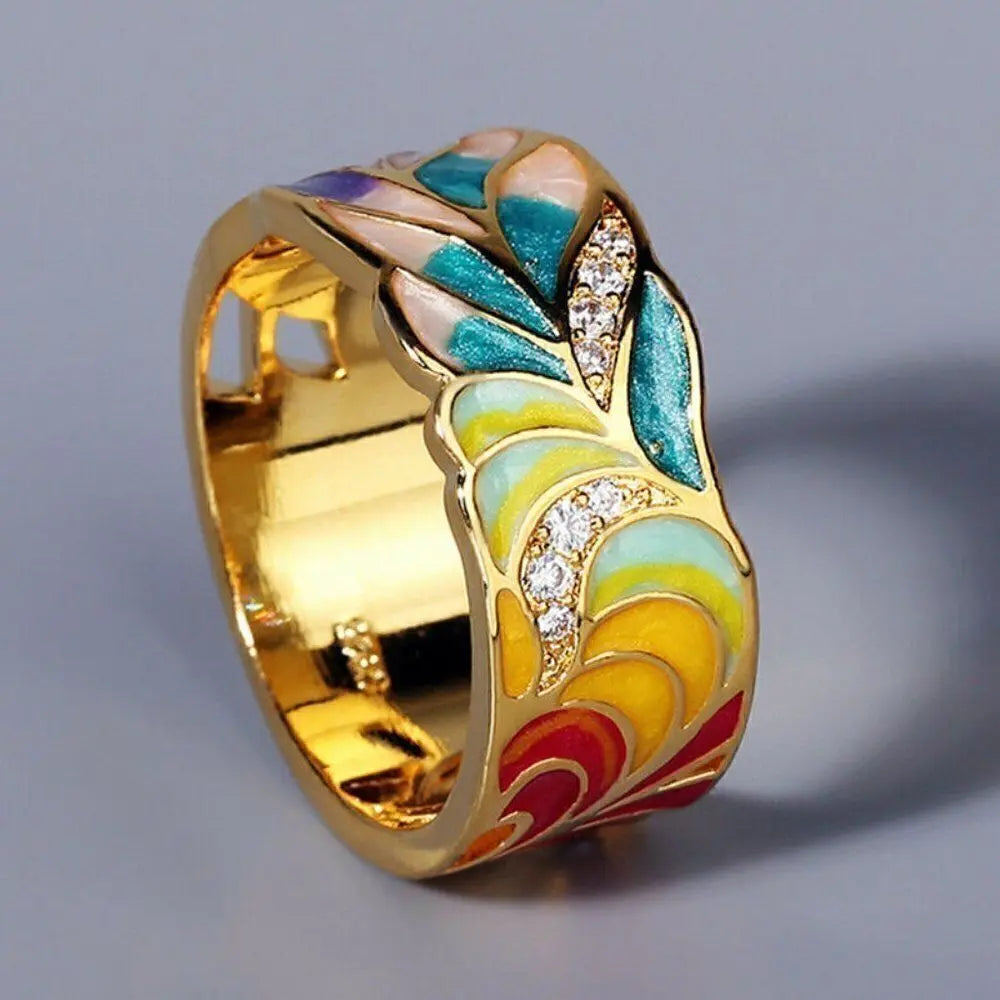 1+1 Offer: Hand-painted Floral Ring in Vintage Gold