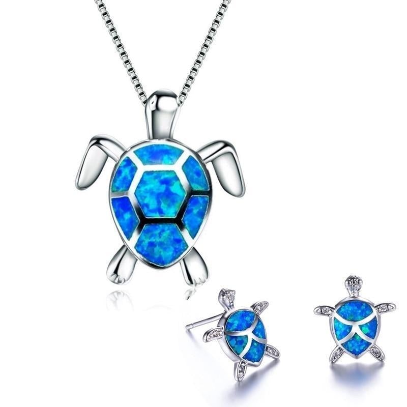 1+1 Offer: Sea Turtle Necklace + Earrings Set in Opal and Silver