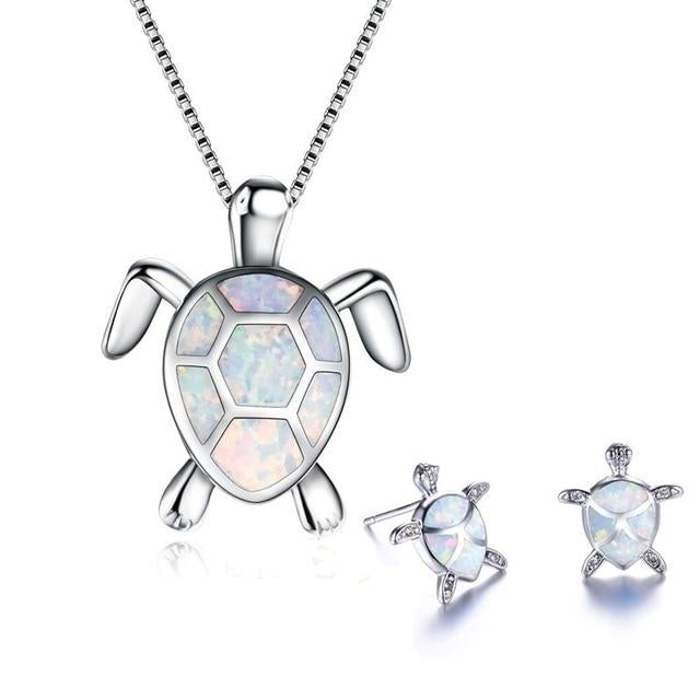 1+1 Offer: Sea Turtle Necklace + Earrings Set in Opal and Silver