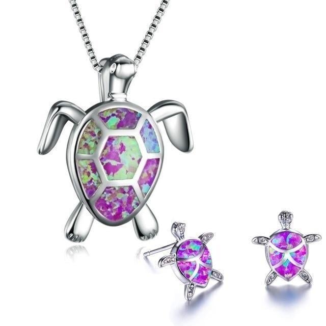 1+1 Offer: Sea Turtle Necklace + Earrings Set in Opal and Silver