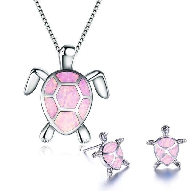 1+1 Offer: Sea Turtle Necklace + Earrings Set in Opal and Silver