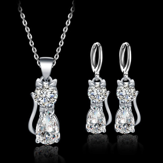 1+1 Offer: Set Necklace + Earrings Happy Cats in Silver and Polished White Zirconium