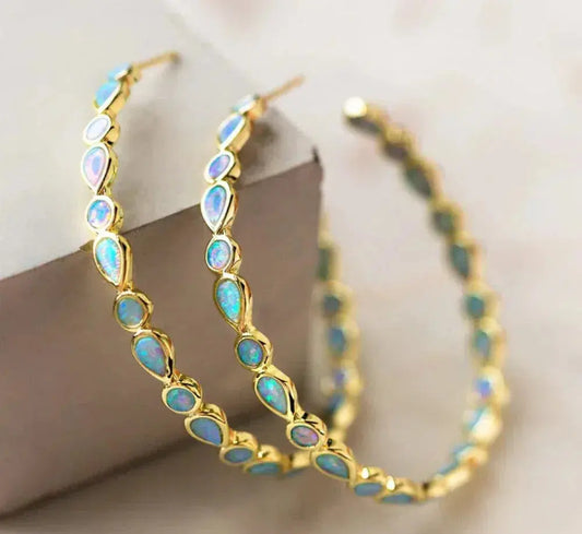 1+1 Offer: Vintage blue opal golden hoop earrings