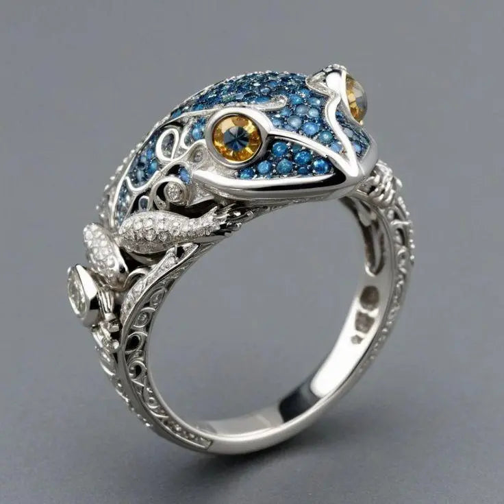 1+1 Offer: Vintage Blue Glossy Frog Ring in Silver