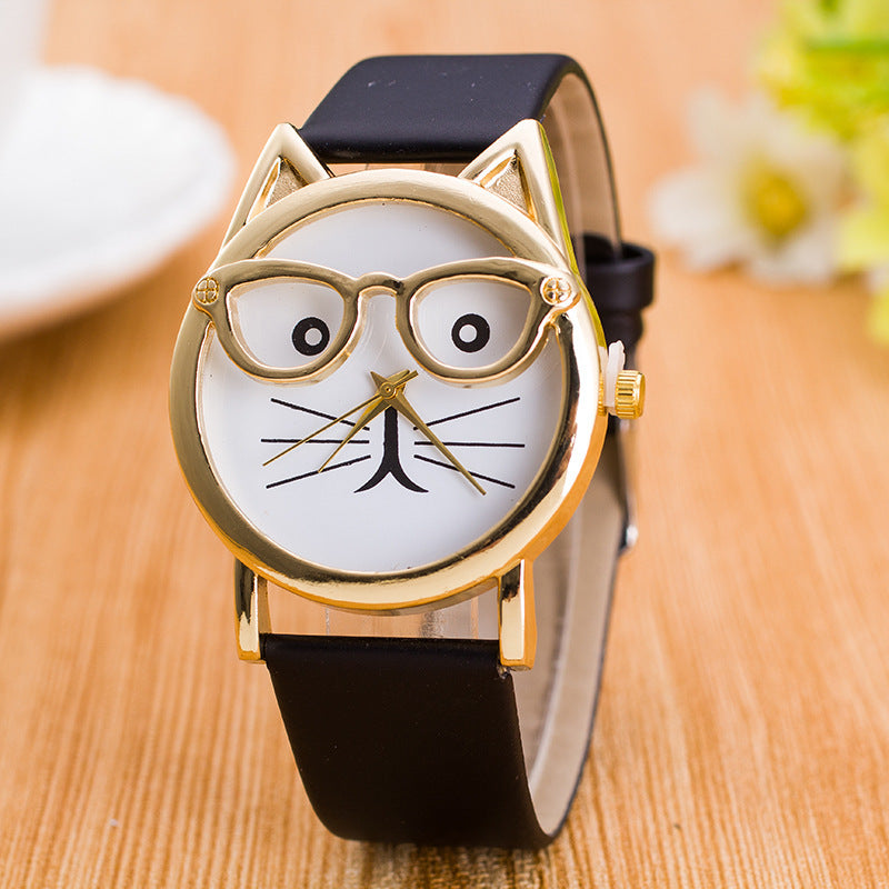 Elegant Cat Face Watch For Women With Gold Tone Glasses