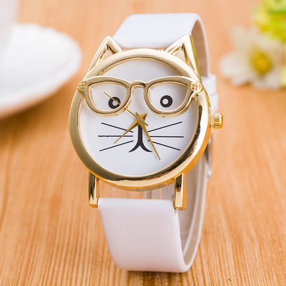 Elegant Cat Face Watch For Women With Gold Tone Glasses