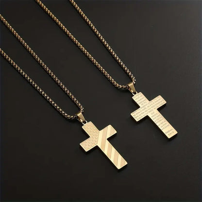 Stainless Steel Cross Necklace with American Flag & Bible Verse Pendant