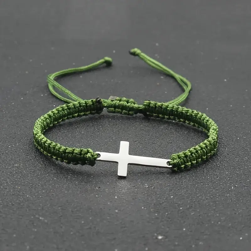 Handwoven Cross Bracelet With Silver Threads Charms