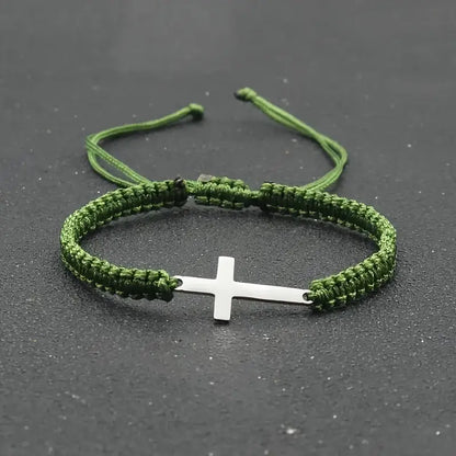 Handwoven Cross Bracelet With Silver Threads Charms