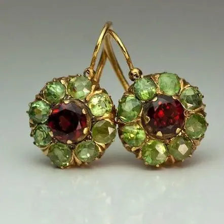 1+1 Offer: Vintage Rounded Green & Red Crystal Earrings