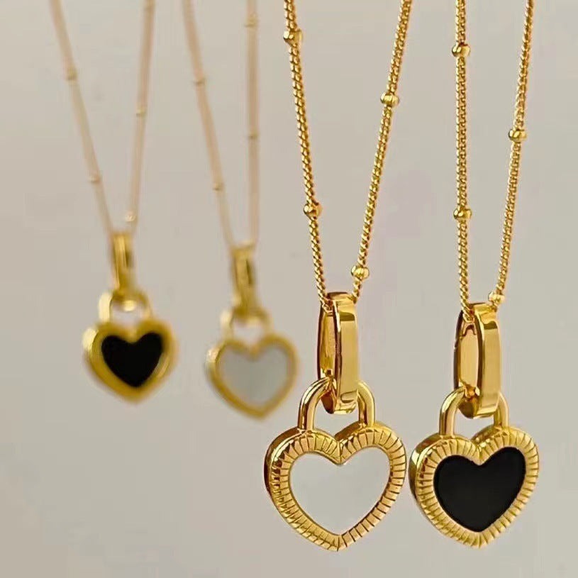 1+1 Offer: Black and White Heart Pendant Necklace in Gold