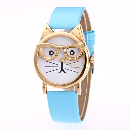 Elegant Cat Face Watch For Women With Gold Tone Glasses