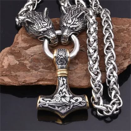 Men's Vintage Nordic Zinc Alloy Viking Wolf Head And Hammer Pendant Necklace