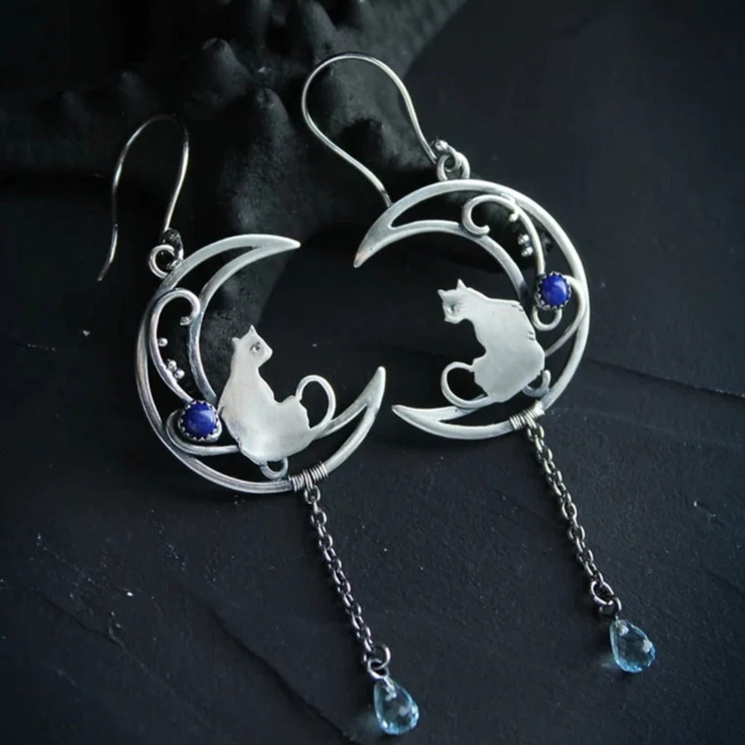 Blue Zirconia Cat Boho Earrings in Silver