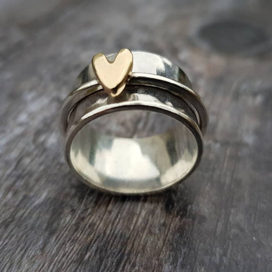 1+1 Offer: Vintage Golden Heart Silver Ring
