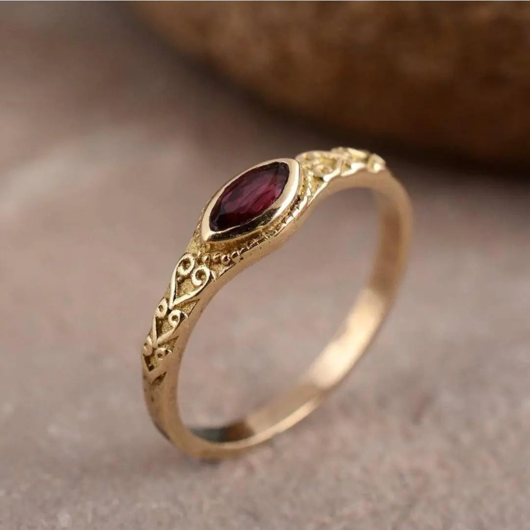 1+1 Offer: Golden Vintage Ring with Red Crystal