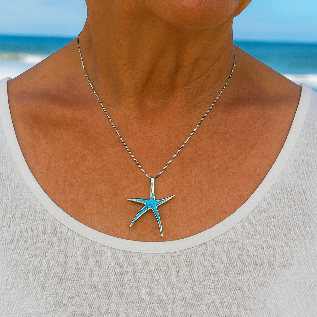 1+1 Offer: Blue Opal and Silver Starfish Necklace