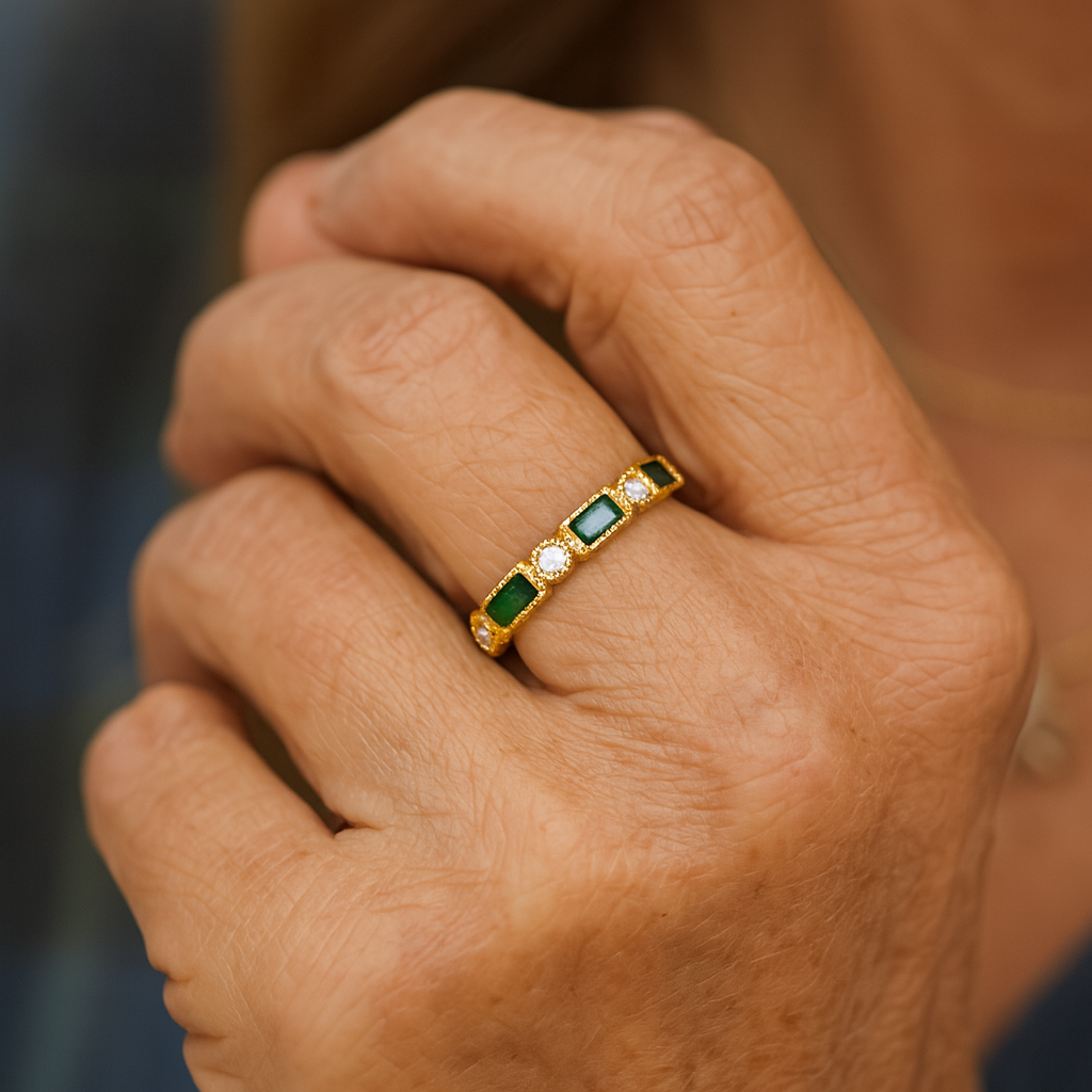 1+1 Offer: Vintage Green Zirconia Gold Ring