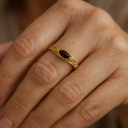 Golden Vintage Ring with Red Crystal