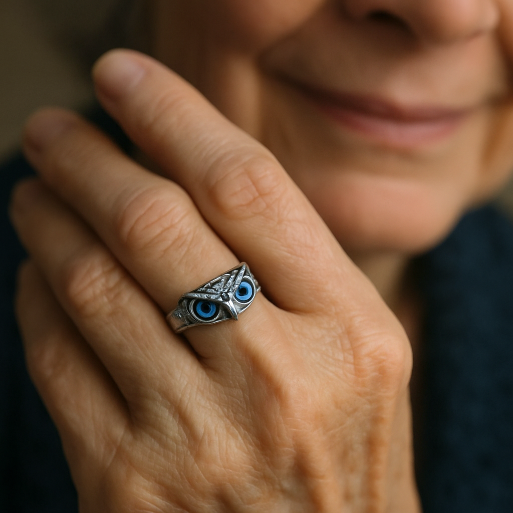 1+1 Offer: Owl of good luck adjustable ring in silver and opal