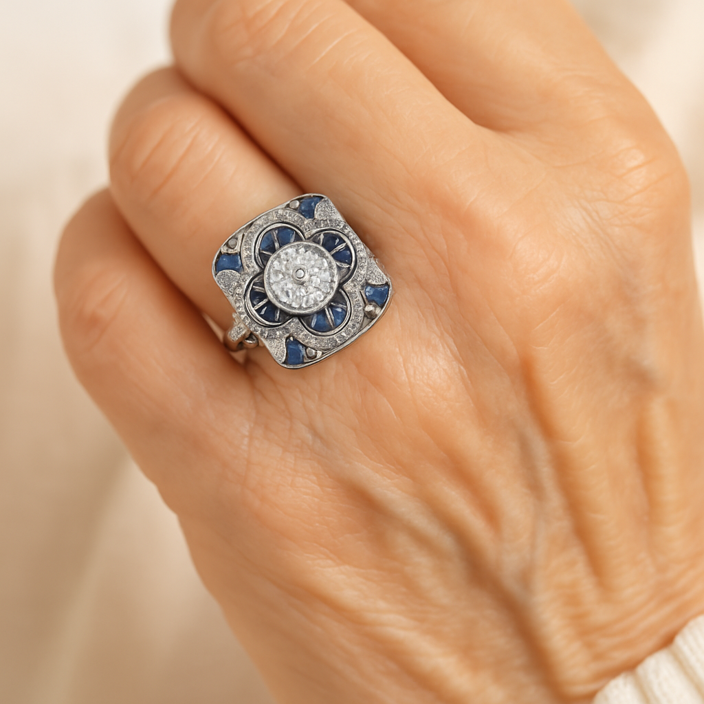 1+1 Offer: Vintage silver ring with blue zirconia