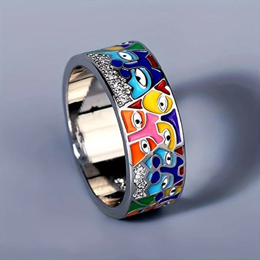 1+1 Offer: Silver ring with colorful eyes