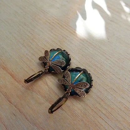 1+1 Offer: Spherical dragonfly earrings in antique gold