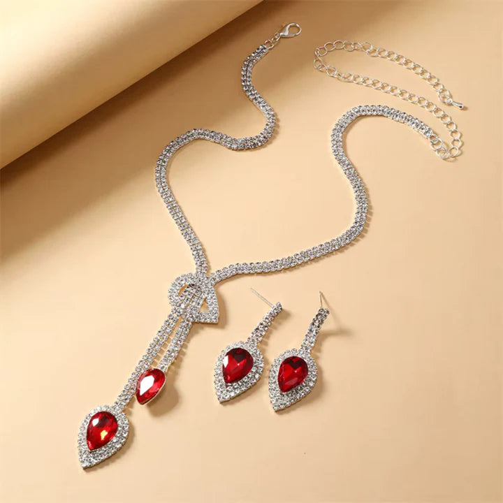Red Rhinestone Necklace & Earring Set