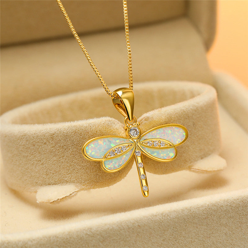 1+1 Offer: Dragonfly Necklace in Gold with Opal