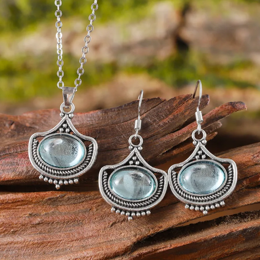 Vintage Blue Oval Gemstone Necklace & Earrings Set